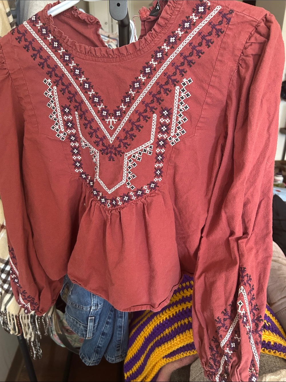 Rust Red Embroidered Women's Peasant Top